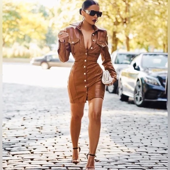 HOUSE OF CB ‘Crystal’ Tan Brown Vegan Leather Backless Blazer Midi Dress - Picture 2 of 9